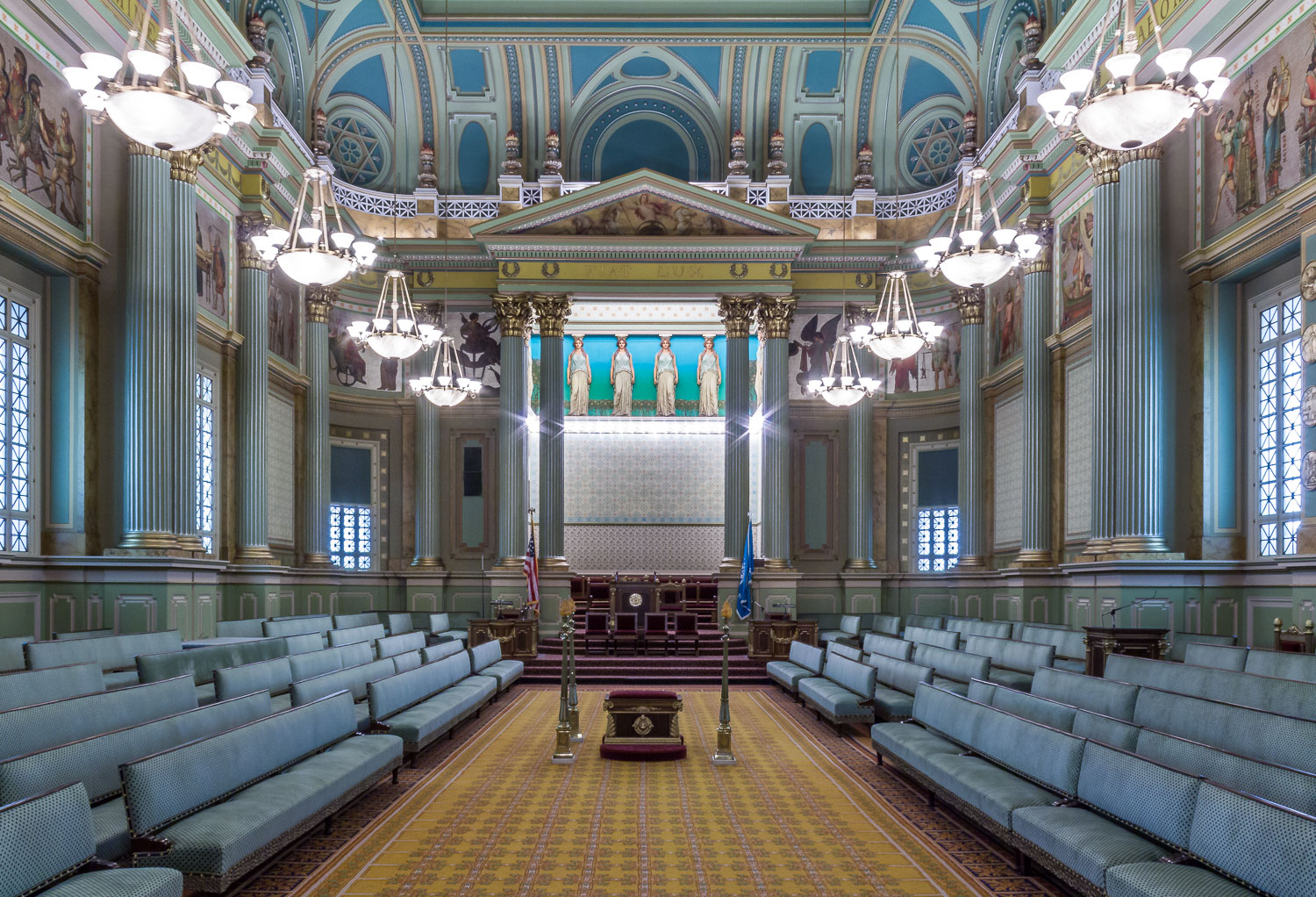 Corinthian Hall of the Masonic Temple of Philadelphia with fluted columns, painted ceiling, and classical frescoes