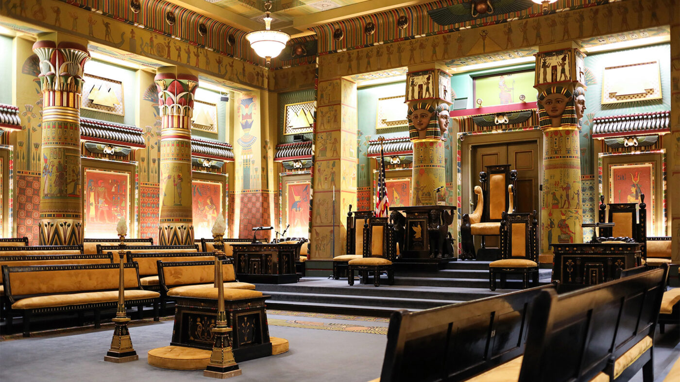 Egyptian Hall of the Masonic Temple of Philadelphia with hieroglyphs, hand-painted columns, and pharaonic motifs