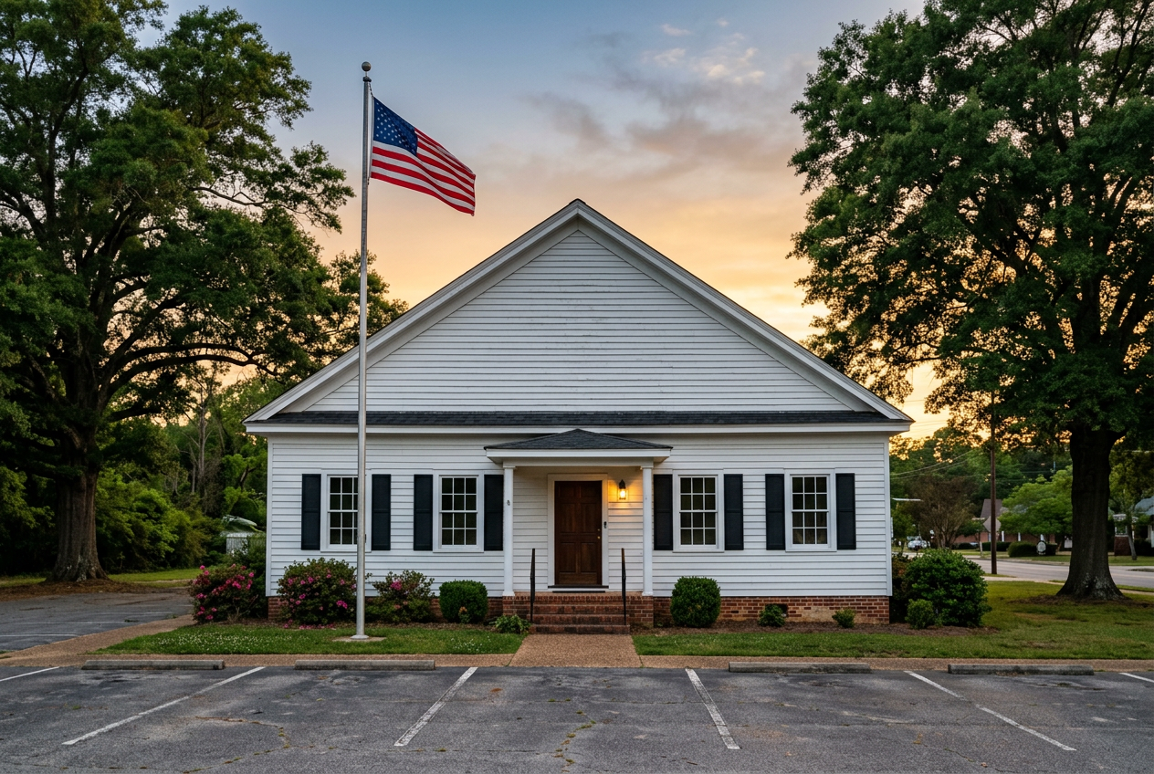 Clemmons Masonic Lodge exterior, golden hour