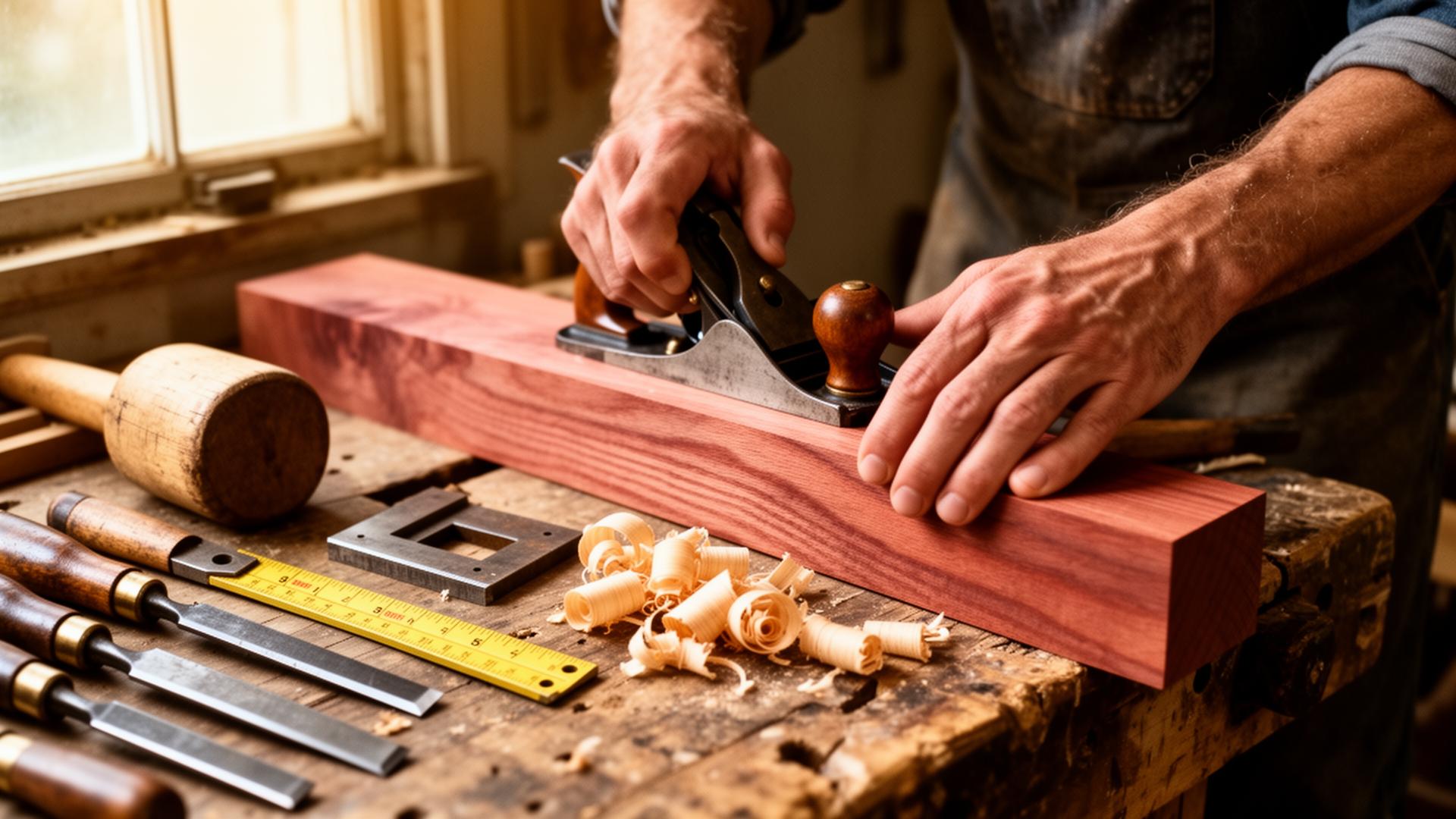 Hand tools resting on a hardwood board